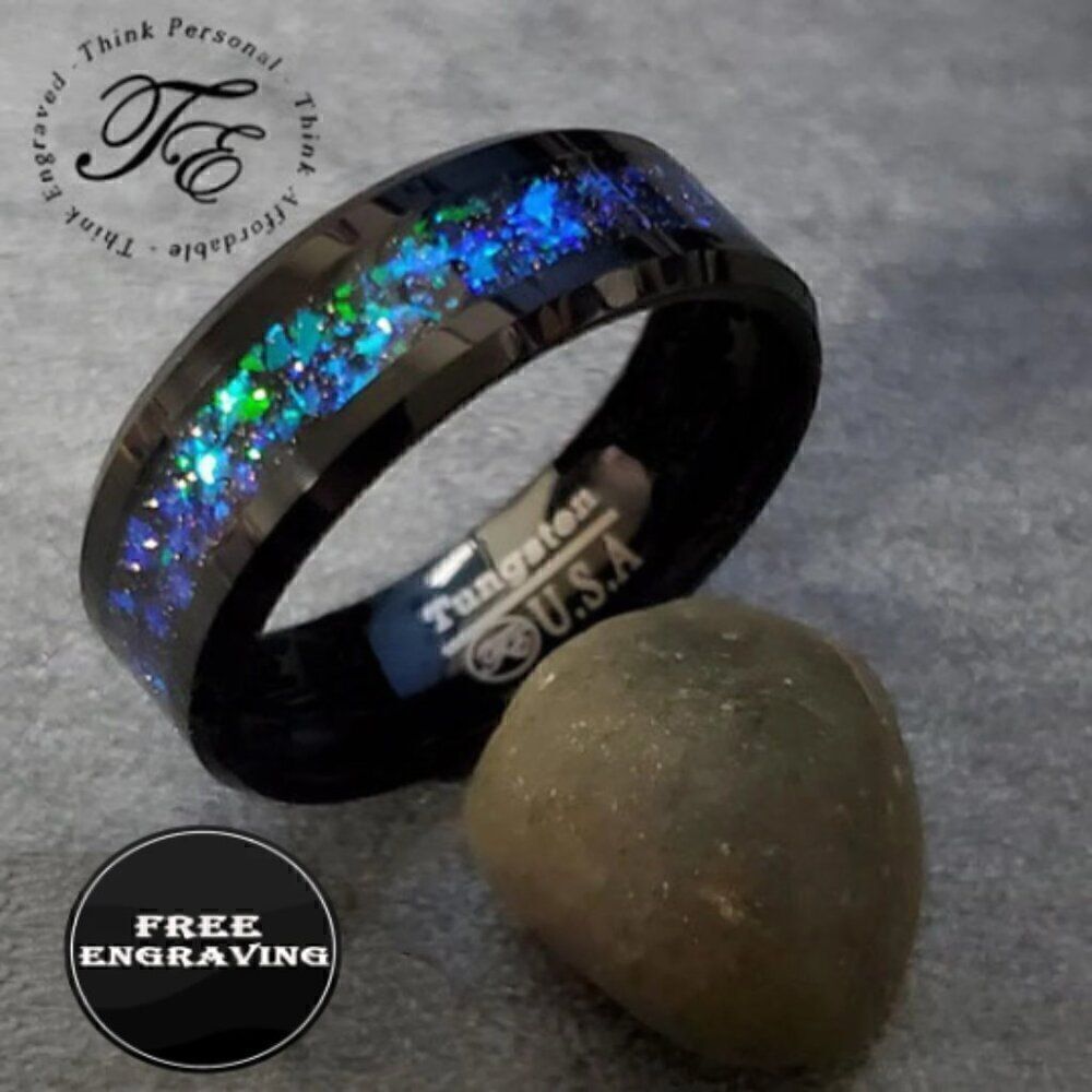 Engraved Men's Real Black Tungsten Wedding Ring With Green and Blue galaxy Opal